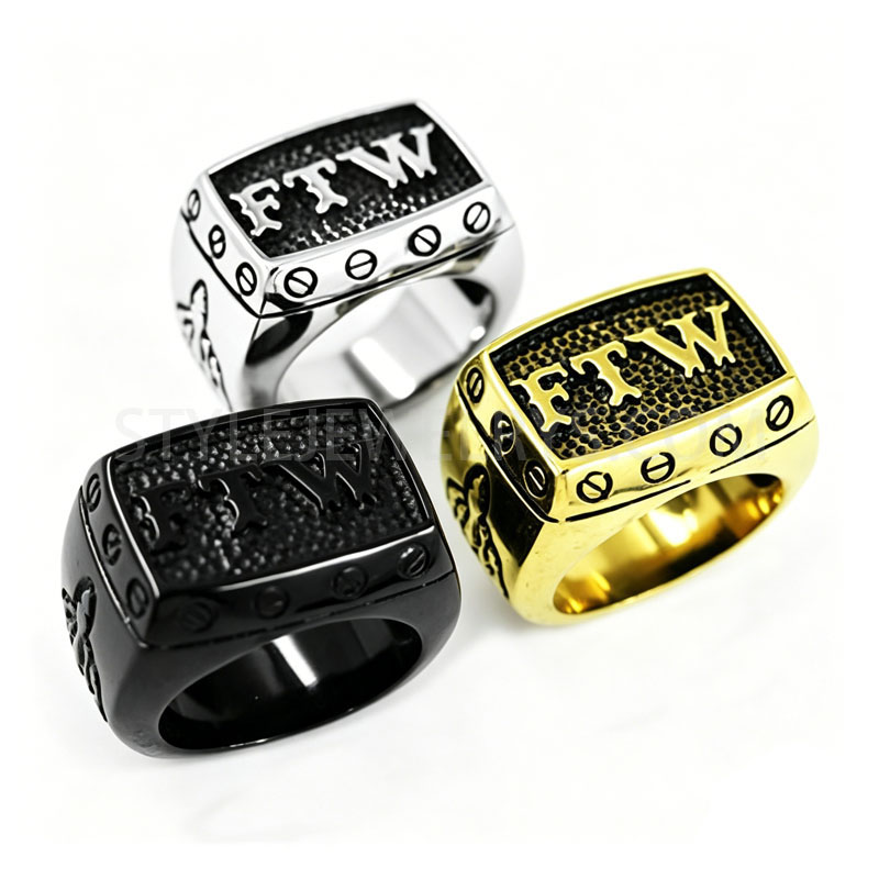 316L Stainless Steel FTW Forever Two Wheels Biker Signet Ring for Men | Wholesale...