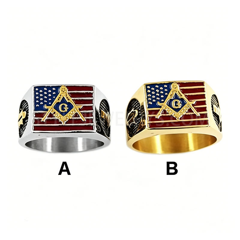 Stainless Steel USA Flag Square Signet Ring with Masonic Compass Symbol