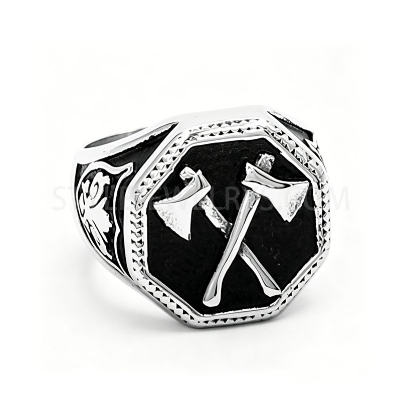 Men's Vintage Crossed Axes Octagon Signet Ring, Stainless Steel Enamel Biker Punk Axe Ring