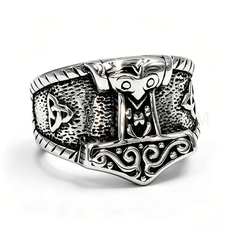 Stainless Steel Mjolnir Style Viking Ring with Celtic Triquetra Knot