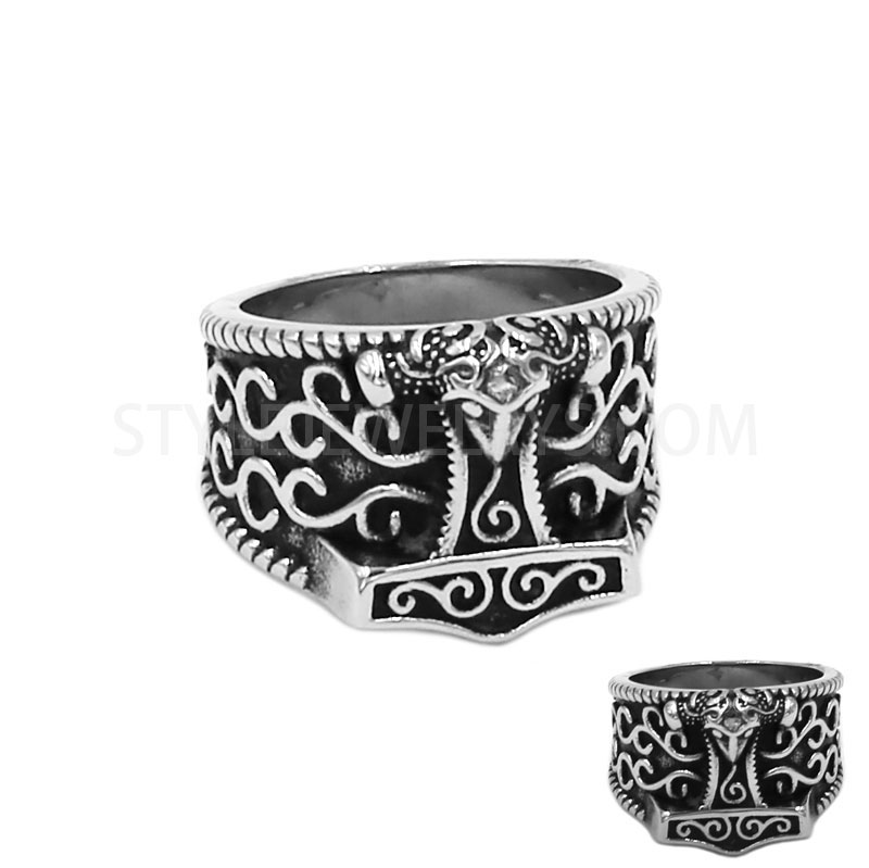 Men's Vintage Viking Thor's Hammer Stainless Steel Ring, Norse Celtic Knot Biker...