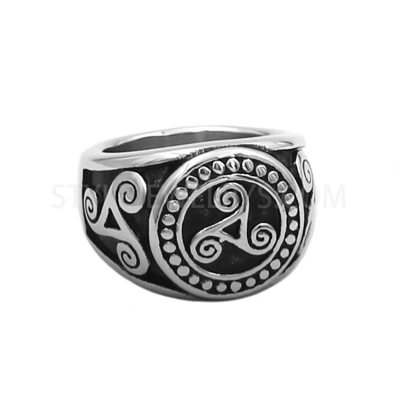 Celtic Triskelion Triple Spiral Stainless Steel Ring, Norse Triskele Biker Signet Ring
