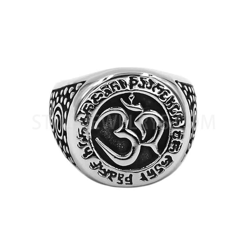 Men's Stainless Steel Hindu Om Signet Ring, Spiritual Yoga Mantra Biker Ring