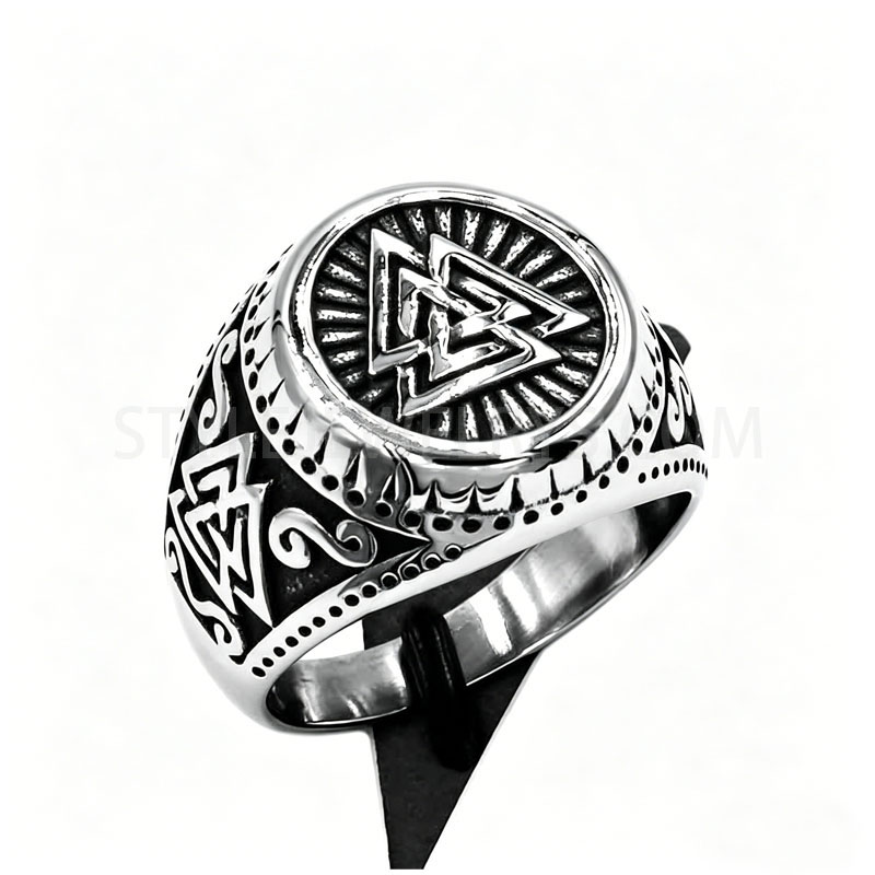 Men's Viking Valknut Stainless Steel Signet Ring, Norse Mythology Celtic Knot Biker Ring