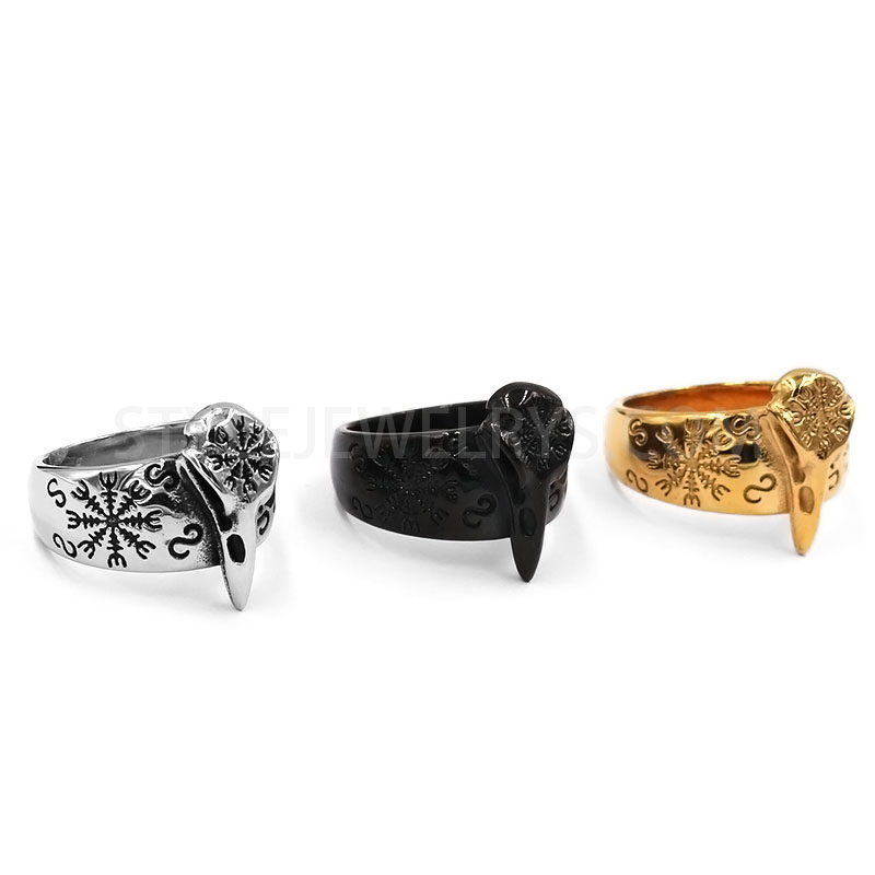Stainless Steel Raven Skull Ring with Viking Aegishjalmur Engraving