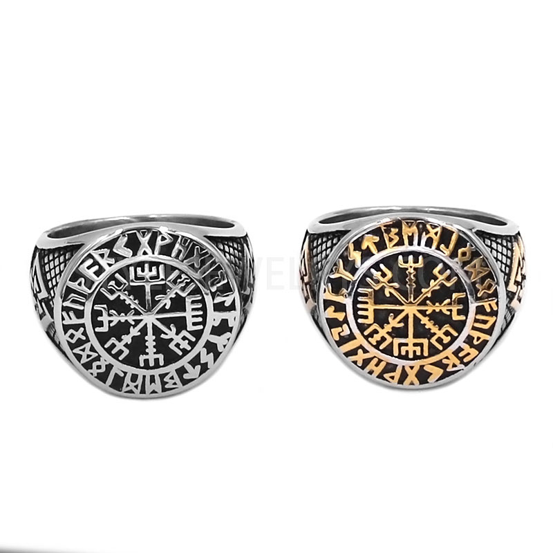 Men's Viking Vegvisir Runic Stainless Steel Signet Ring, Norse Mythology Compass Biker Ring SWR0991
