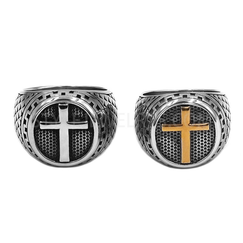 Men's Stainless Steel Christian Cross Signet Ring, Vintage Greek Key Pattern Biker Ring SWR0994