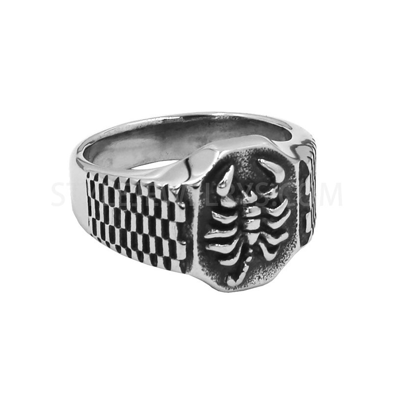 Stainless Steel Vintage Scorpion Checkerboard Biker Signet Ring for Men