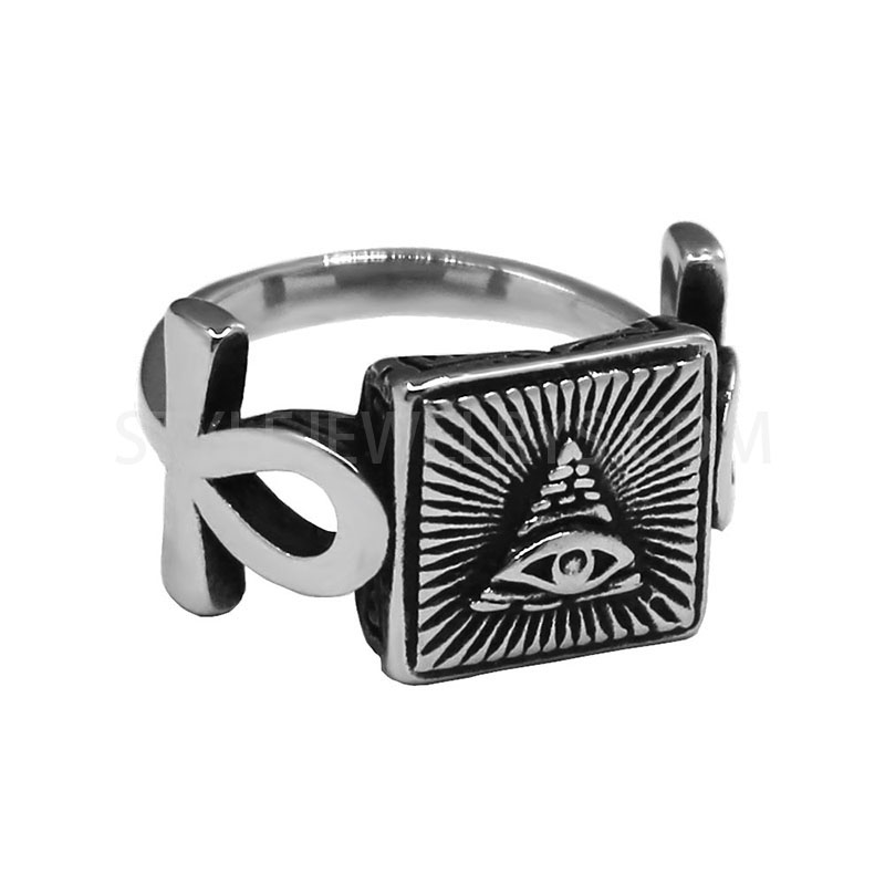 Stainless Steel Vintage Eye of Providence Ankh Illuminati Masonic Ring for Men