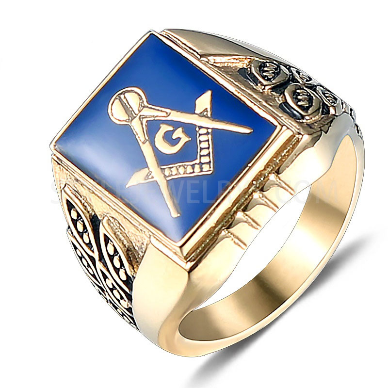 Stainless Steel Blue Masonic Square Compass G Signet Ring for Men SYR0001
