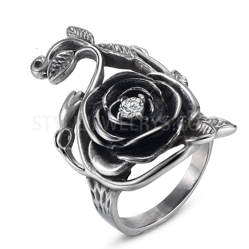 Stainless Steel Vintage 3D Rose Flower CZ Gothic Statement Ring for Women SYR0007