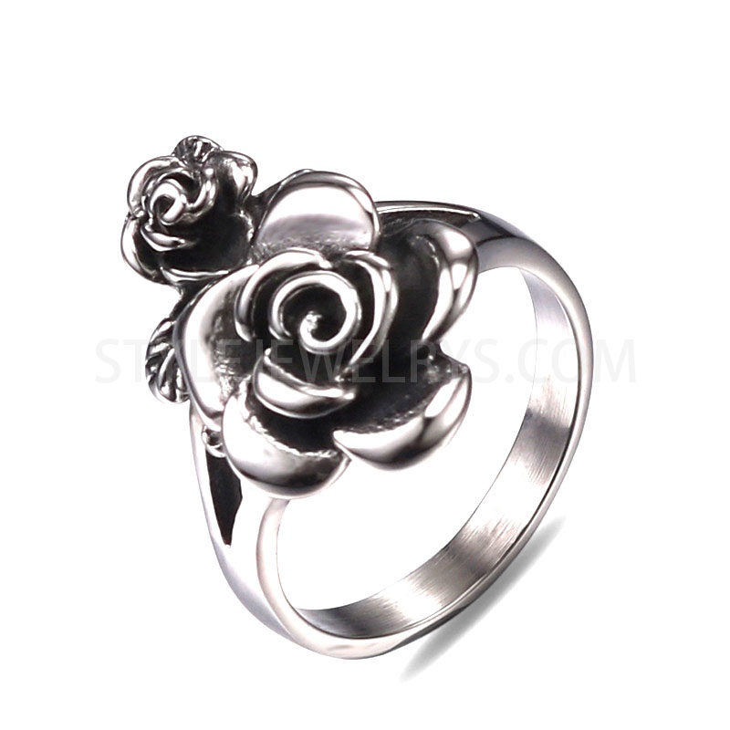 Stainless Steel Vintage 3D Double Rose Gothic Statement Ring for Women SYR0008