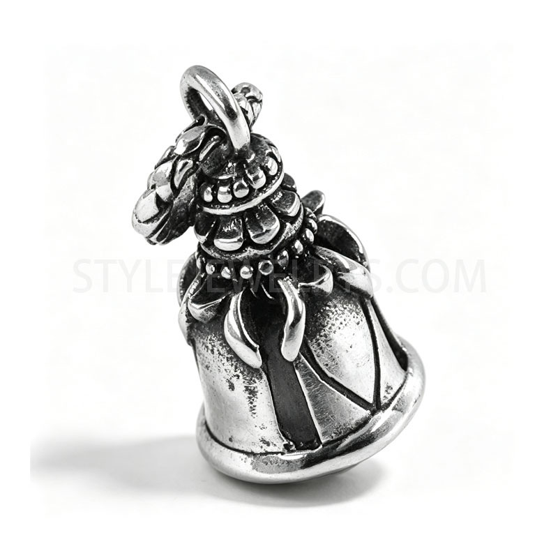 Vintage Ornate Floral Bell Pendant, Antique Oxidized Stainless Steel Bell Charm