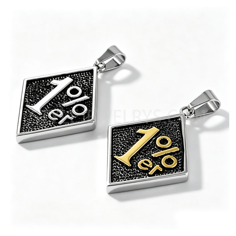 Diamond Shape 1 Percenter Text Tag Pendant, Two Tone Stainless Steel Biker Charm