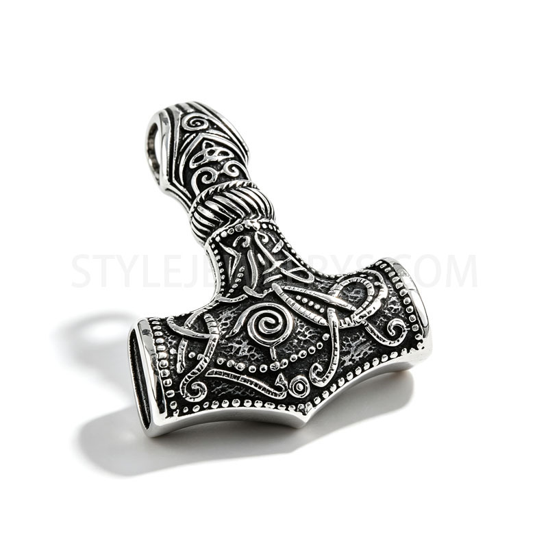 Antiqued Stainless Steel Norse Hammer Pendant, Viking Celtic Spiral Pattern Amulet Charm
