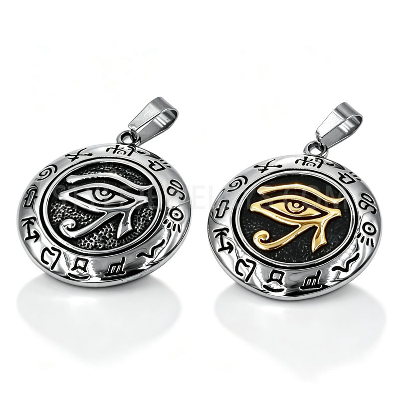 Round Ancient Egyptian Eye Symbol Pendant, Two Tone Stainless Steel Hieroglyph Amulet...