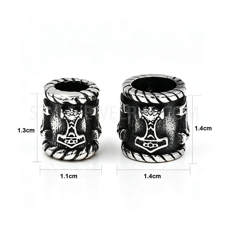 Antiqued Stainless Steel Cylindrical Bead, Viking Hammer Pattern Norse Spacer Charm