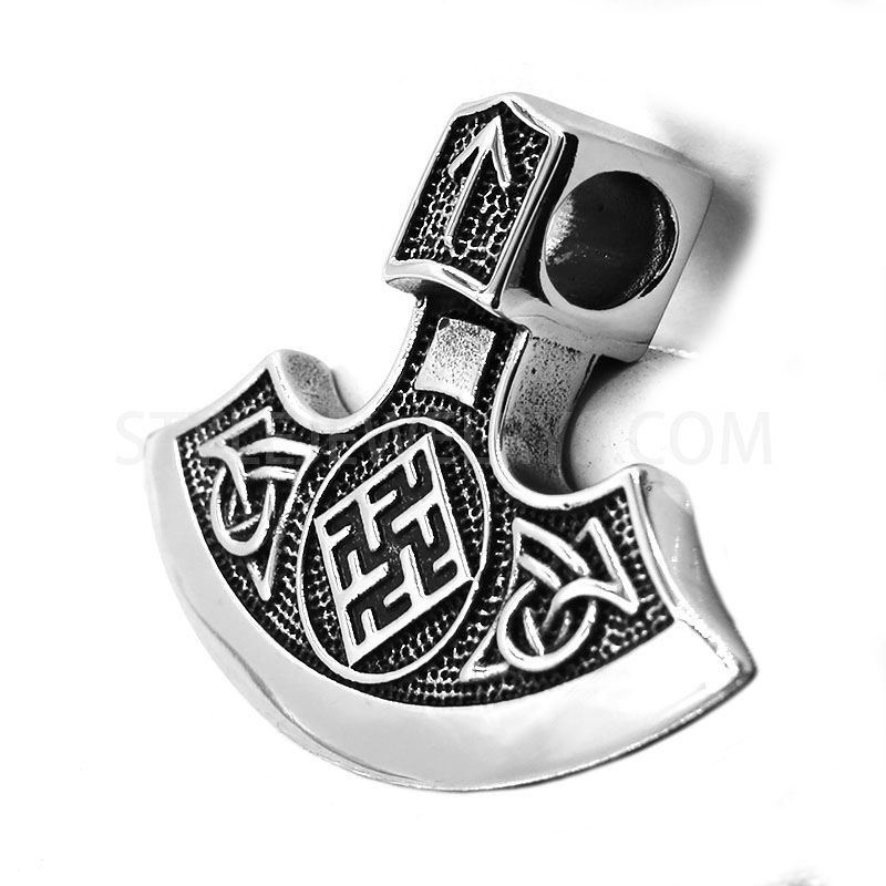 Antiqued Stainless Steel Viking Axe Pendant, Celtic Knot & Rune Pattern Norse Amulet Charm