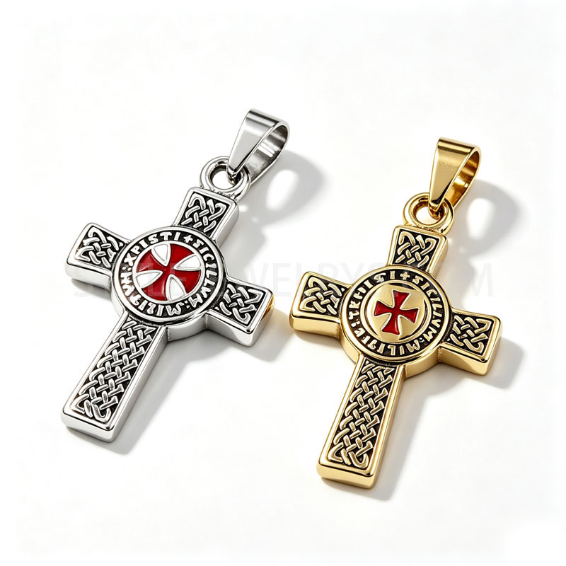 Celtic Knot Cross Pendant, Stainless Steel Red Enamel Engraved Symbol Amulet Charm