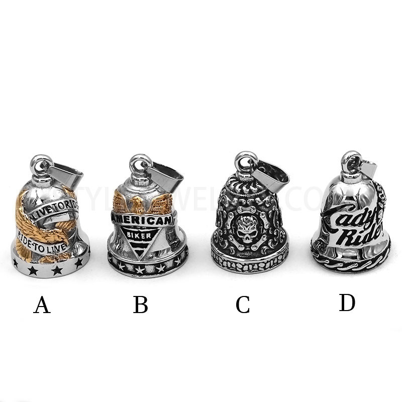Stainless Steel Biker Guardian Bell Pendant, Vintage Engraved Motorcycle Rider Bell Charm