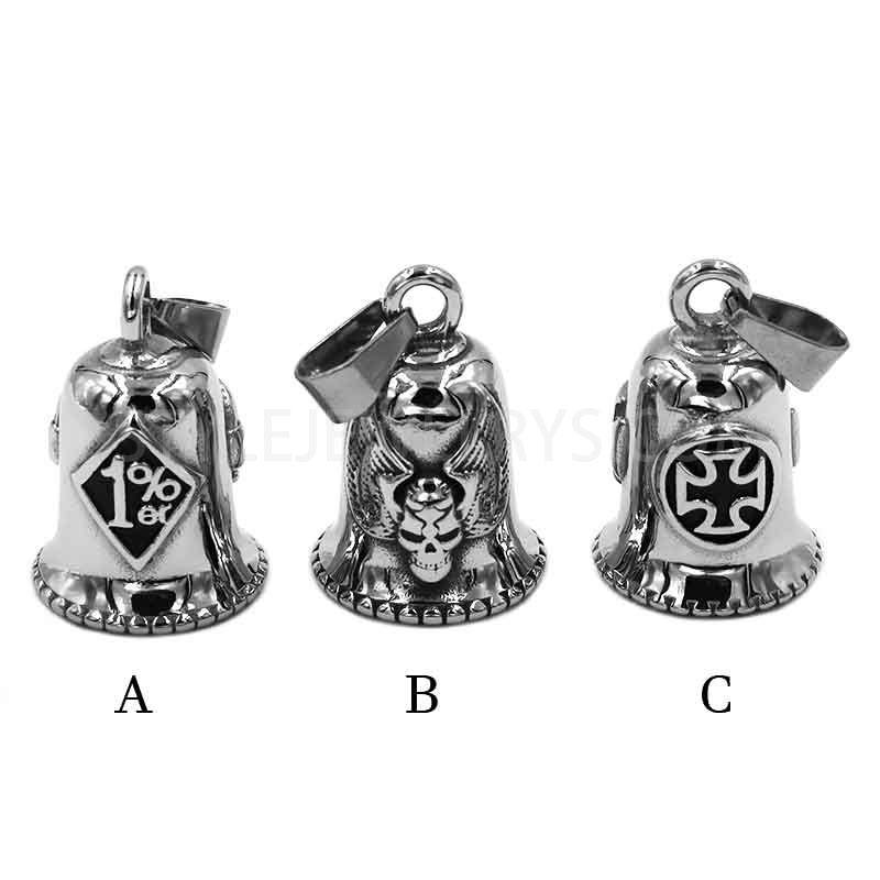 Stainless Steel Biker Guardian Bell Pendant, Vintage Embossed Motorcycle Rider Bell Charm