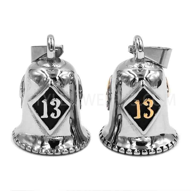 Stainless Steel Biker Guardian Bell Pendant, Embossed Skull & Motorcycle Rider Bell Charm