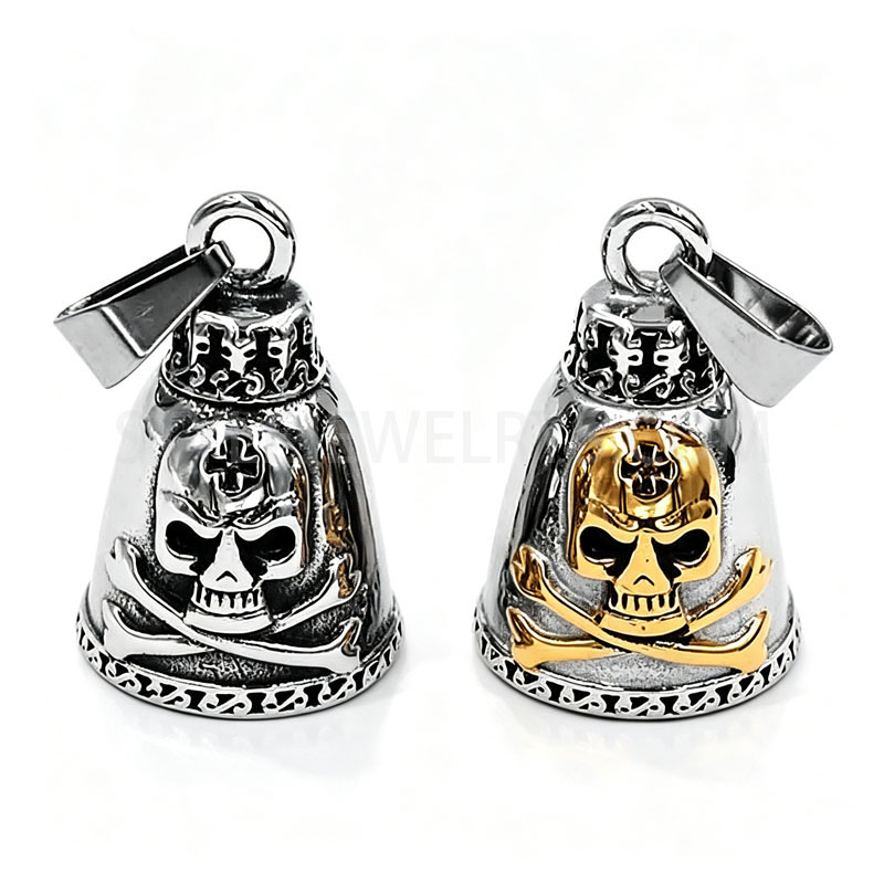 Stainless Steel Biker Bell Pendant, Embossed Skull & Crossbones Motorcycle Rider Bell...
