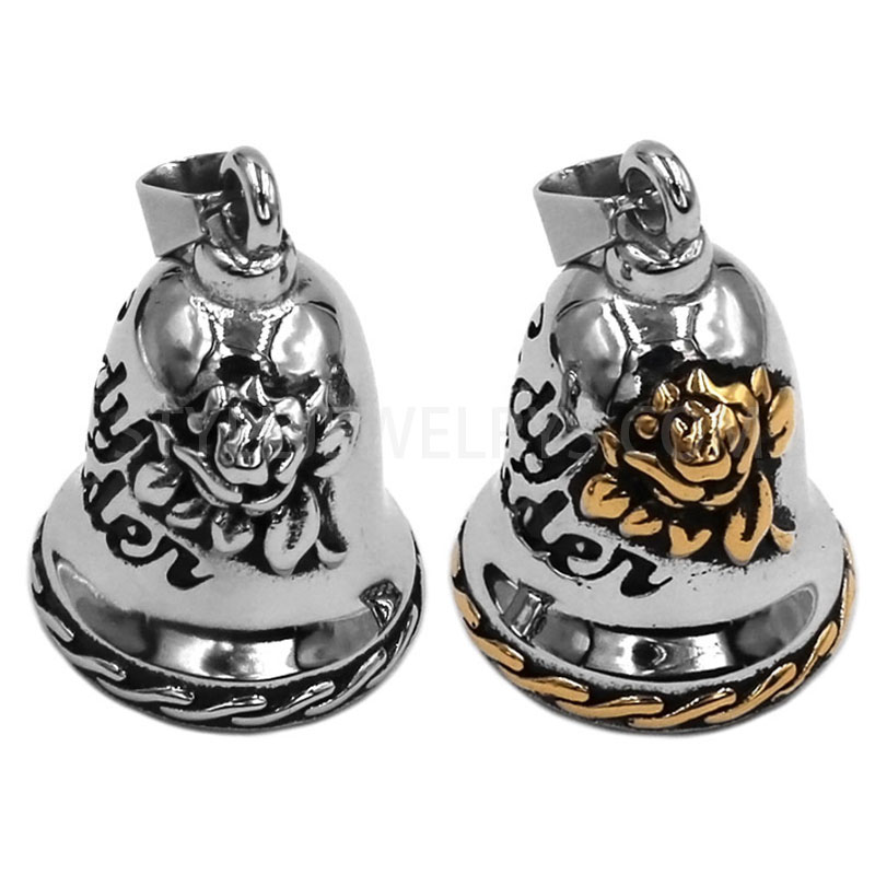 Stainless Steel Biker Guardian Bell Pendant, Embossed Rose Flower Motorcycle Rider Bell SWP0514
