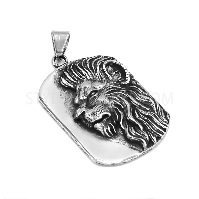 Stainless Steel Vintage Lion Head Dog Tag Pendant, 3D Embossed Animal Necklace Charm...