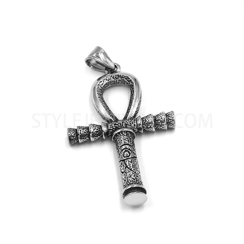 Stainless Steel Vintage Ancient Cross Symbol Pendant, Textured Engraved Eye Pattern Charm