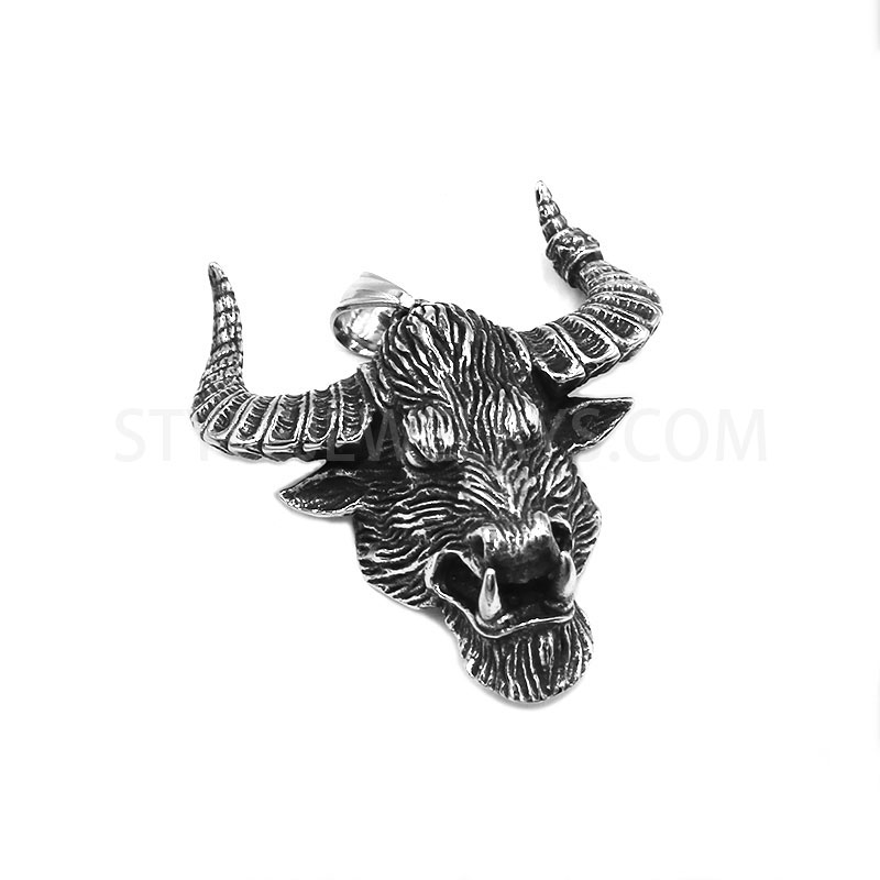 Antiqued Stainless Steel Wild Bull Head Pendant, 3D Textured Horned Animal Necklace Charm