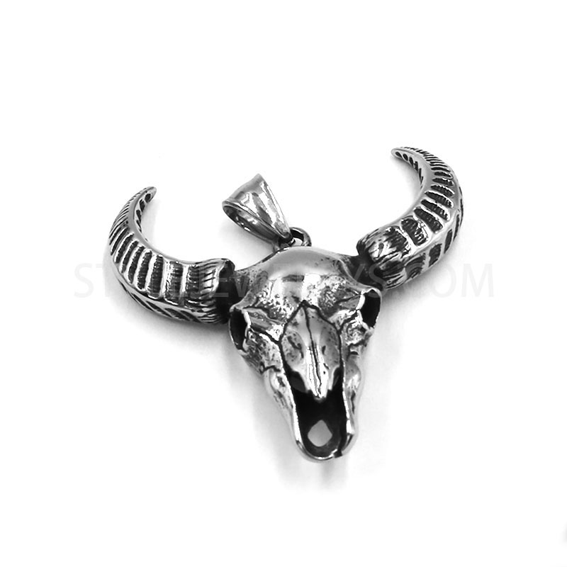 Antiqued Stainless Steel Bull Skull Pendant, Textured Large Horn Animal Skull Charm