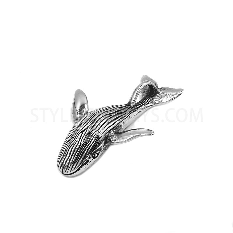 Antiqued Stainless Steel 3D Whale Pendant, Textured Marine Animal Necklace Charm