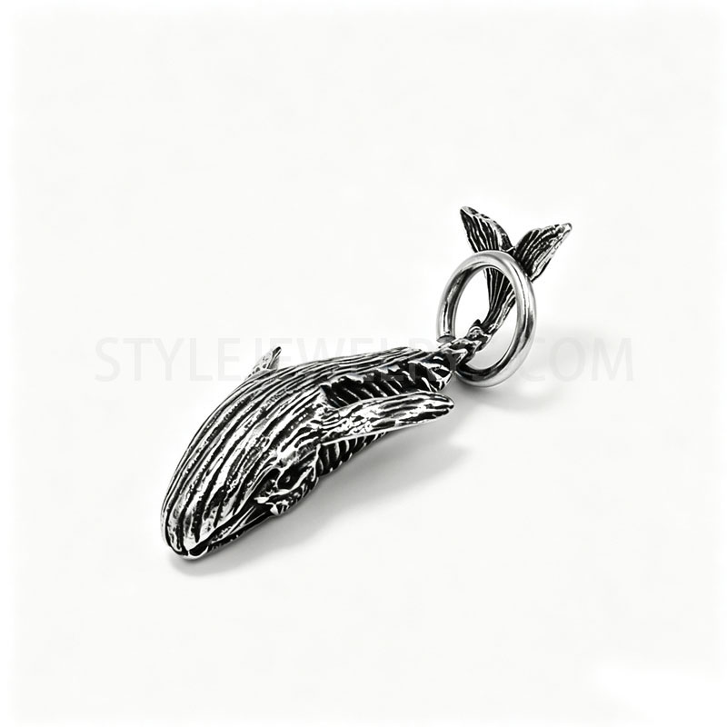 Antiqued Stainless Steel 3D Whale Pendant, Detachable Ring Ocean Marine Animal Charm