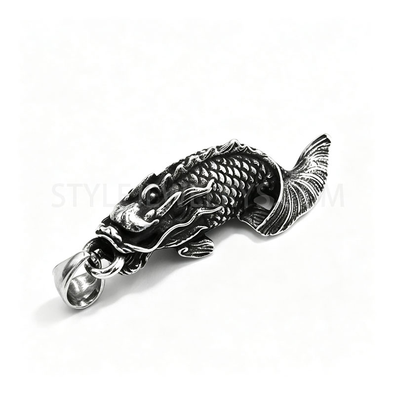 Antiqued Stainless Steel 3D Dragon\u2011Fish Hybrid Pendant, Textured Scaled Creature...