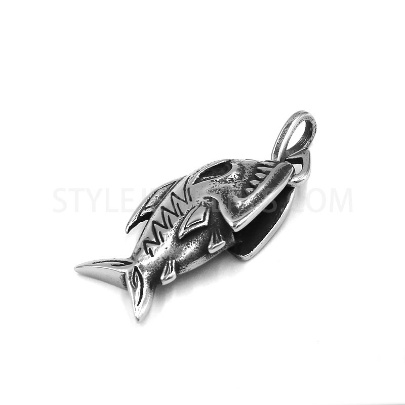 Antiqued Stainless Steel Skeletal Fish Pendant, 3D Skull\u2011Style Sea Creature Necklace Charm SWP0580