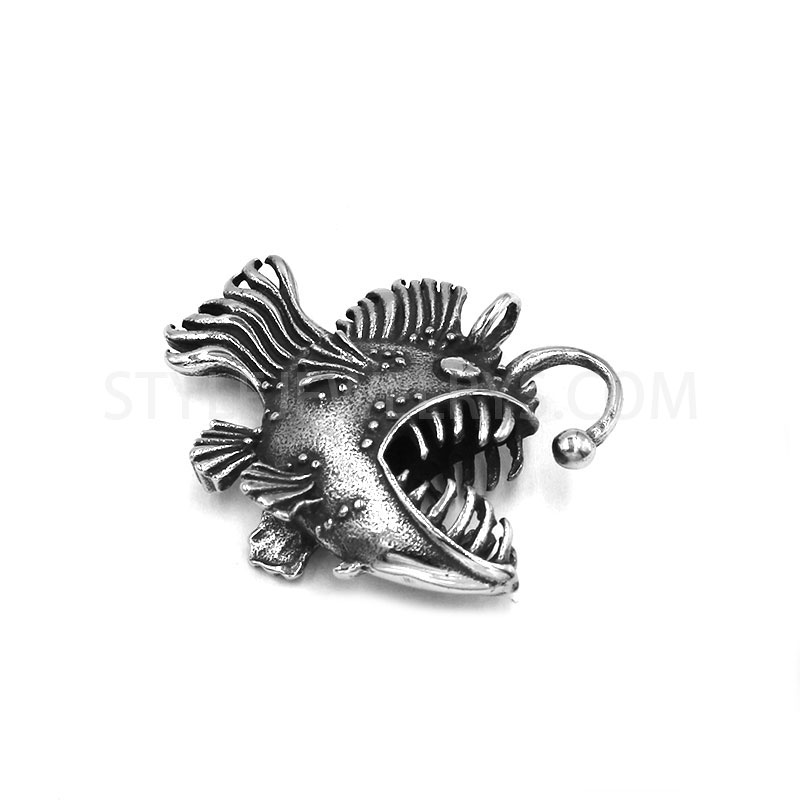 Antiqued Stainless Steel Deep\u2011Sea Predatory Fish Pendant, 3D Textured Angler...
