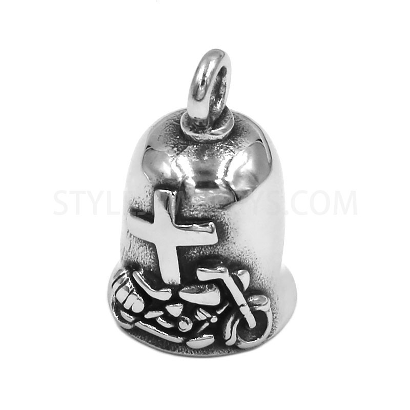 Antiqued Stainless Steel Motorcycle & Cross Bell Pendant, Bell\u2011Shaped Biker...