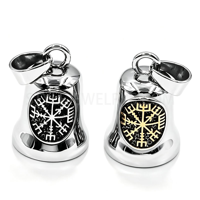 Stainless Steel Nordic Symbol Bell Pendant, 2\u2011Tone Bell\u2011Shaped Biker Hanging...