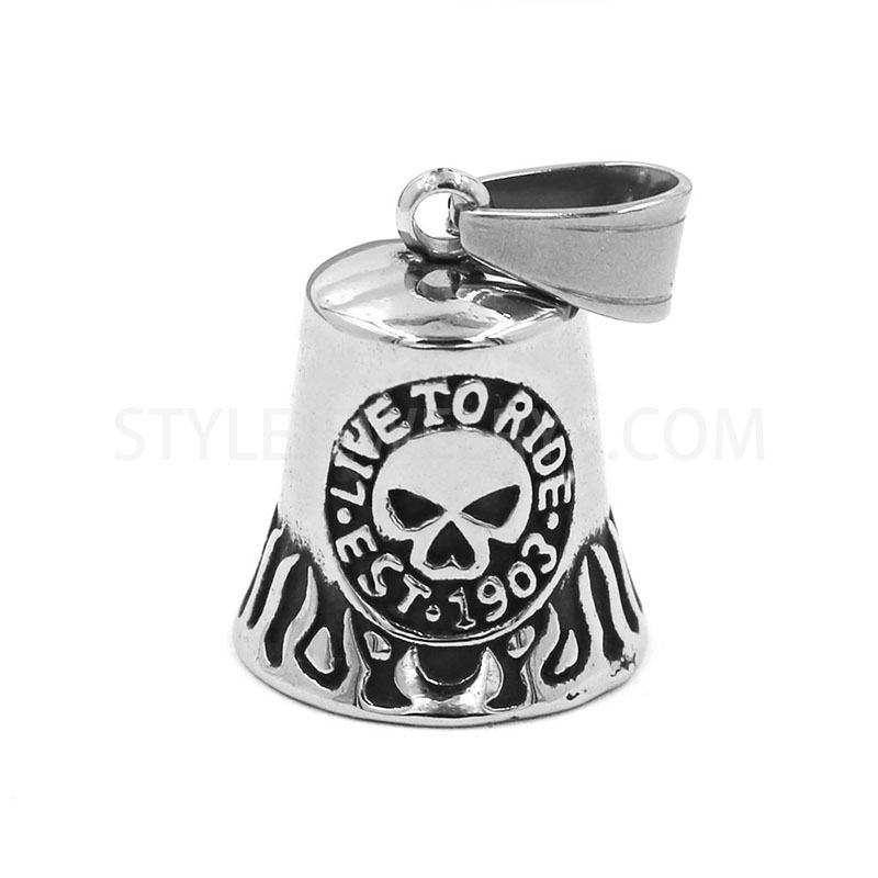 Antiqued Stainless Steel Skull & Flame Bell Pendant, Biker‑Style Engraved Hanging Charm