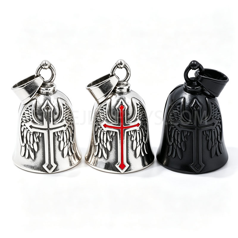 Antiqued Stainless Steel Wing\u2011Cross Bell Pendant, Biker Hanging Charm Unisex