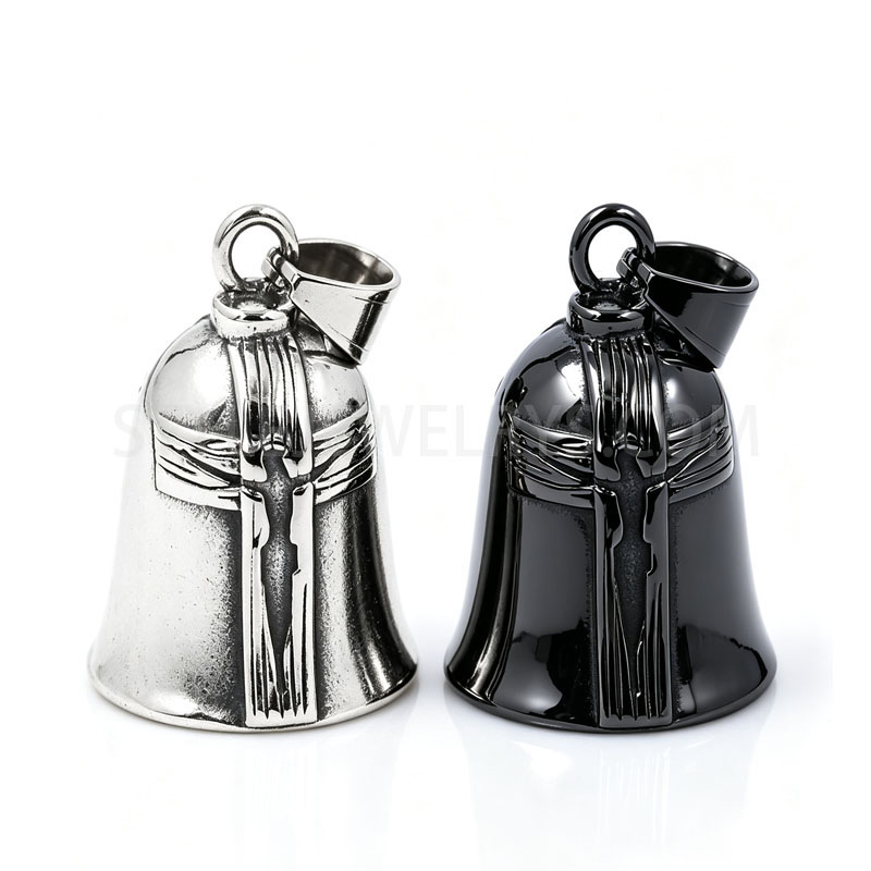 Antiqued Stainless Steel Figure‑Cross Bell Pendant, Bell‑Shaped Biker Hanging Charm