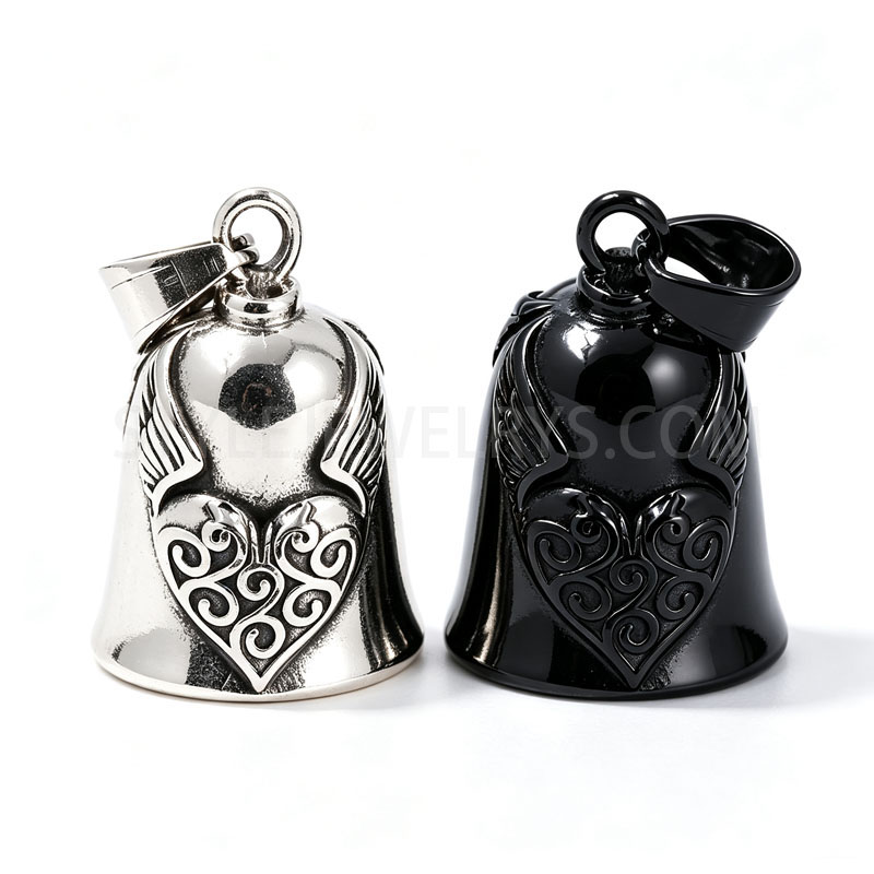 Antiqued Stainless Steel Wing\u2011Ornate Heart Bell Pendant,  Unisex Biker Hanging...