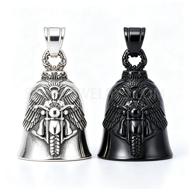 Antiqued Stainless Steel Winged Figure Motorcycle Bell Pendant, Unisex Biker Pendant