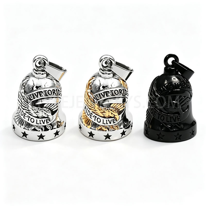 Antiqued Stainless Steel Eagle & Star Bell Pendant, Ribbon\u2011Graphic...
