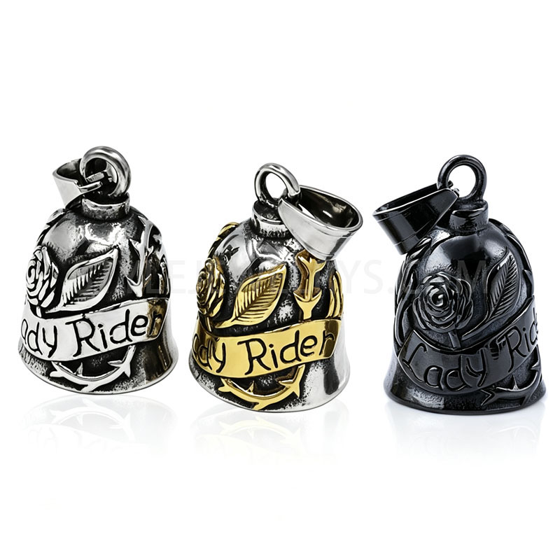 Antiqued Stainless Steel Rose Floral Ribbon Bell Pendant,  Bell\u2011Shaped Unisex Biker Pendant SWP0689
