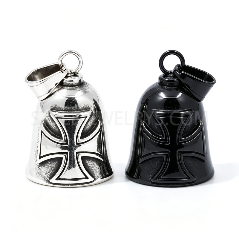 Antiqued Stainless Steel Ornate Cross Bell Pendant, Two\u2011Finish Bell\u2011Shaped Unisex SWP0690