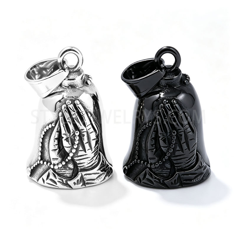 Antiqued Stainless Steel Prayer Hand Beaded Bell Pendant SWP0695